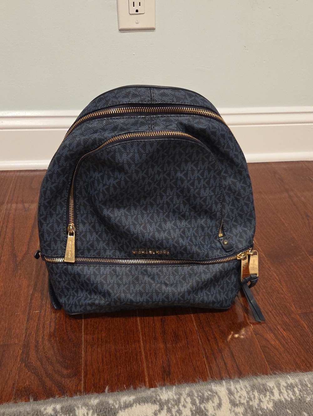 Michael Kors Men's Dark Blue MK Logo Backpack with Gold Hardware